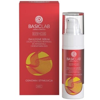 Sérum émulsion BasicLab Esteticus à 0,3 3% de rétinol pur et 3 % de vitamine C, pour une peau régénérée et stimulée, 30 ml