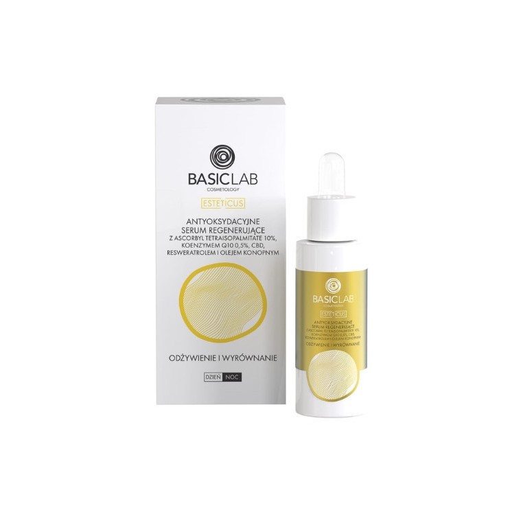 BasicLab Esteticus Антиоксидантна регенеруюча Serum для обличчя з 10% Ascorbyl Retraisopelitate, 5 % Coenzyme Q10, CBD , Reswer