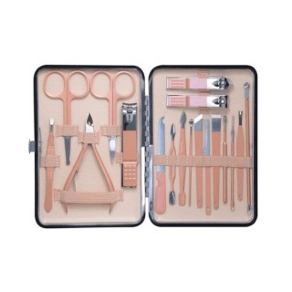 A set of 18 cosmetic accessories for manicures, pedicure and facial treatments in a case