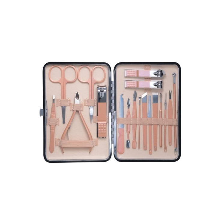Een set van 18 cosmetische accessoires voor manicure, pedicure en gezichtsbehandelingen in etui