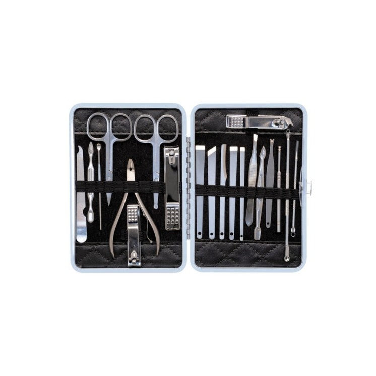Een set van 20 cosmetische accessoires voor manicure, pedicure en gezichtsbehandelingen in etui