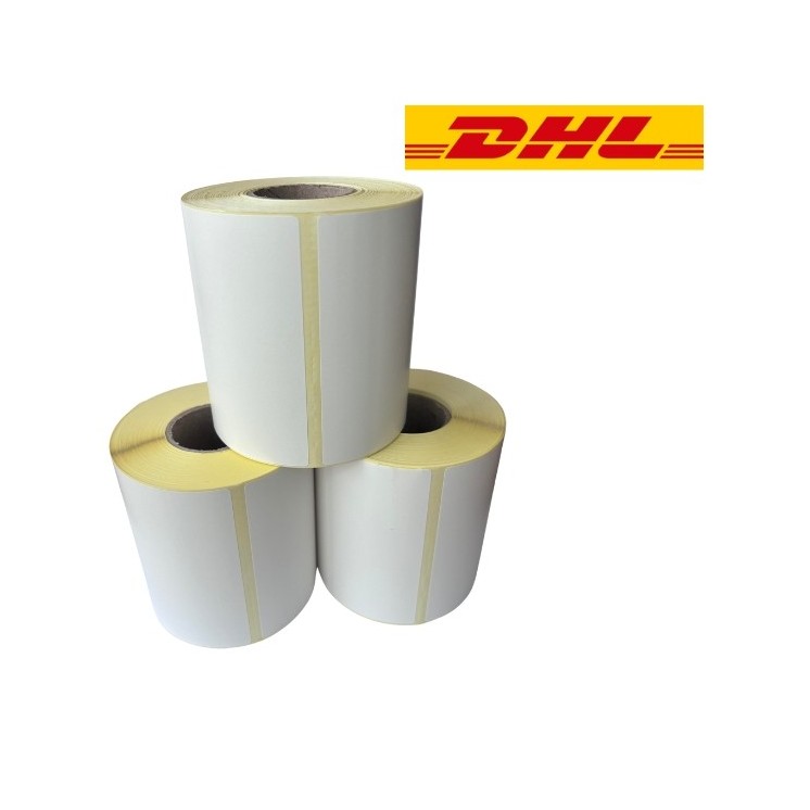 Транспортна етикетка DHL біла, 102 мм x 210 мм, 210 етикеток у рулоні, серцевина 25 мм, ECO термо, міцна упаковка з 3 шт.