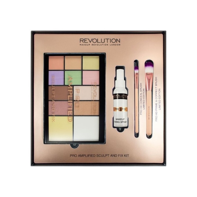 Makeup Revolution Amplified Sculpt and Fix Kit-cadeauset: 12 oogschaduwpaletten, make-upfixer en make-upborstels