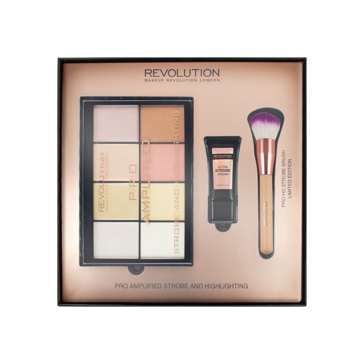 Makeup Revolution -Geschenkset: Highlighter-Lidschatten-Palette, Creme-Grundierung, Highlighter-Pinsel