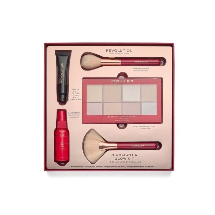Revolution Highlight Glow Kit: Palet van 8 highlighters, setting spray, lipgloss en 2 make-up kwasten