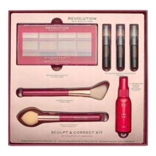 Makeup Revolution Zestaw prezentowy Sculpt Correct Kit: Paletka do konturowania, Korektory w 3 odcieniach, Utrwalacz i 2 Pędzle