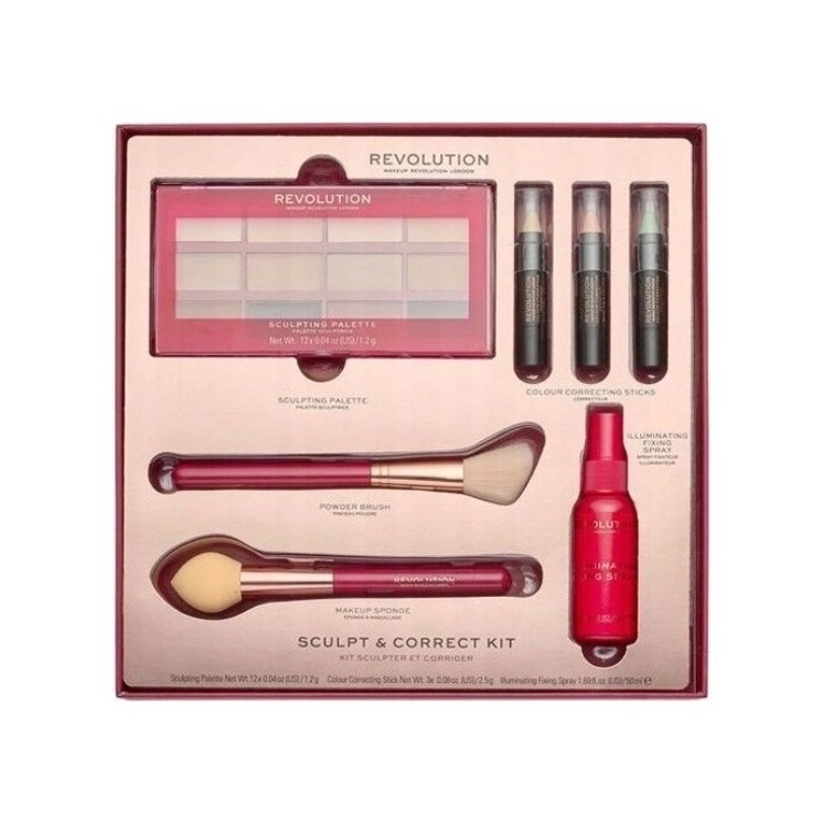 Подарунковий набір Revolution Sculpt Correct Kit: контурна палітра, коректори 3 відтінків, закріплювач і 2 кисті для пудри