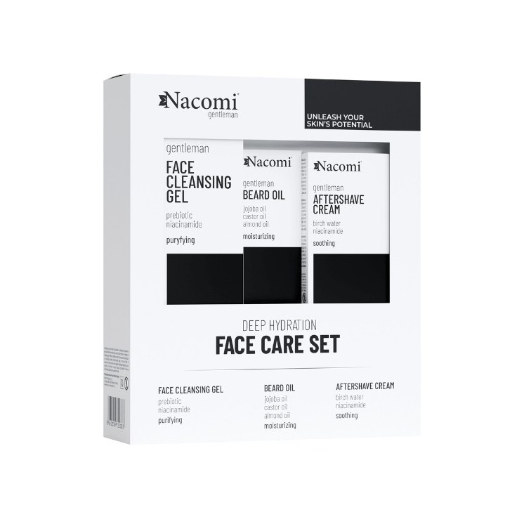 Nacomi Men Face Care Set Cadeauset voor mannen Gezichtswasgel 140 ml + Baardolie 40 ml + Aftershave crème 50
