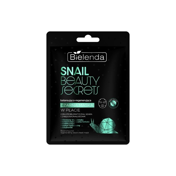 Bielenda SNAIL BEAUTY SECRETS Ausgleichende und regenerierende schwarze Tuchmaske mit gefiltertem Schneckenschleim, 1 Stück