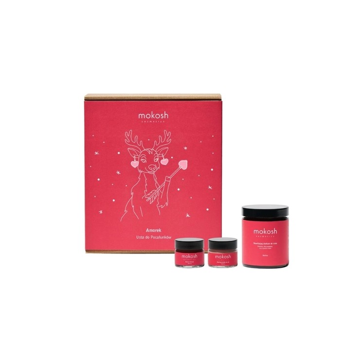 Подарунковий набір Mokosh Amor Kissable Lips: бальзам для губ 15 мл + маска Peeling для губ 15 мл + бальзам для тіла 180 мл