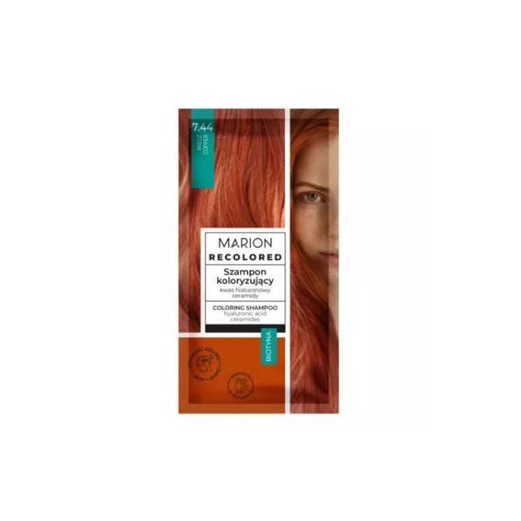 MARION Recolored 7.44 Copper coloring shampoo is een snelle manier om blond haar een ego , koperkleurige glans te geven.
