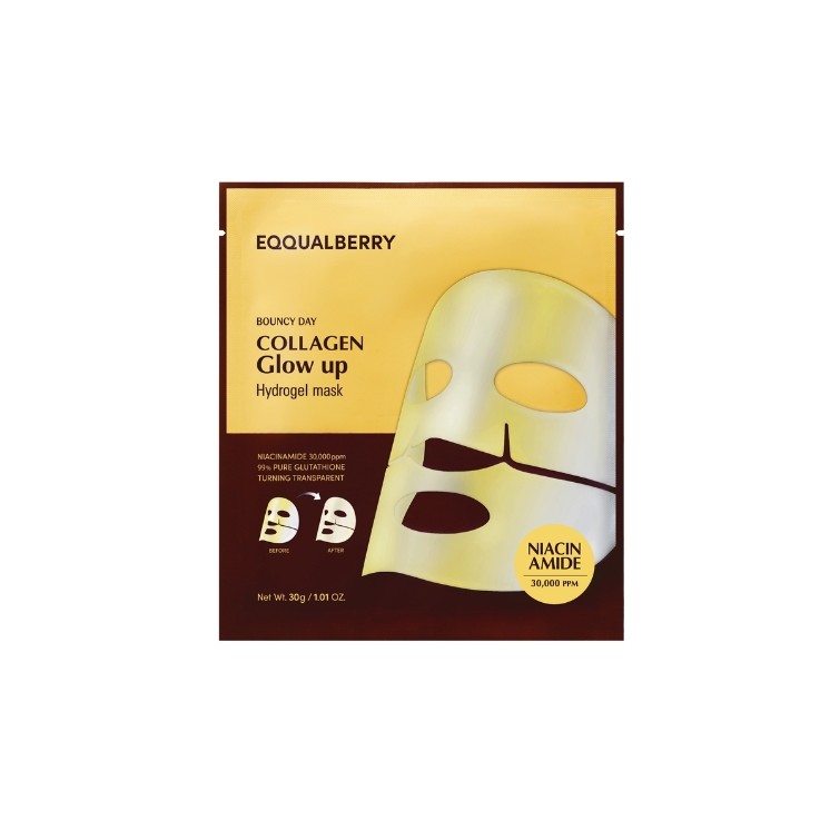 Eqqualberry Collagen Glow Up Hydrogel Mask, een verhelderend collageen gezichtsmasker van 30 g.