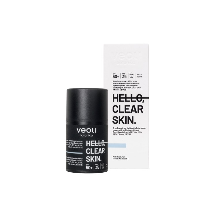 Veoli Botanica Hello , Clear Skin Light Schutzcreme gegen lichtbedingte Hautalterung SPF50 50+ mit 5 % Präbiotika, 50 ml