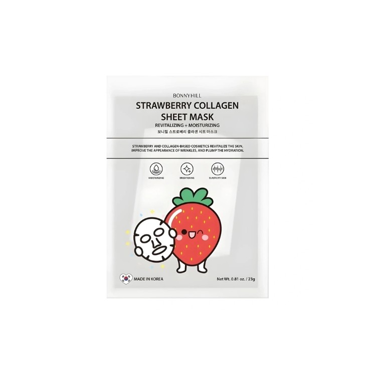 BonnyHill Strawberry Collagen Sheet Mask, een revitaliserend en hydraterend gezichtsmasker in sheetvorm (1 stuk).