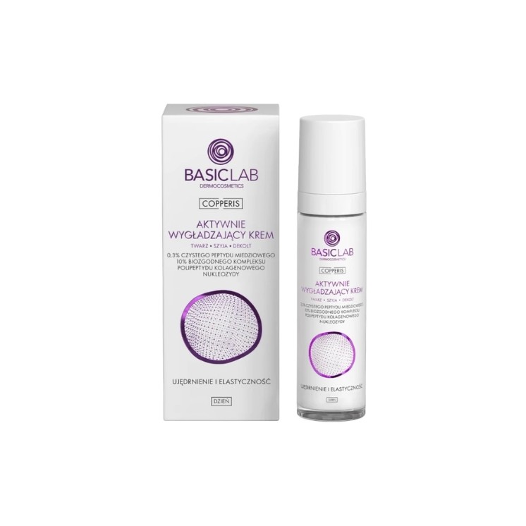 Crème de jour lissante BasicLab Copperis Actively Smoothing, 0,3 3% de peptide de cuivre pur, raffermissante et élastique, 50 ml