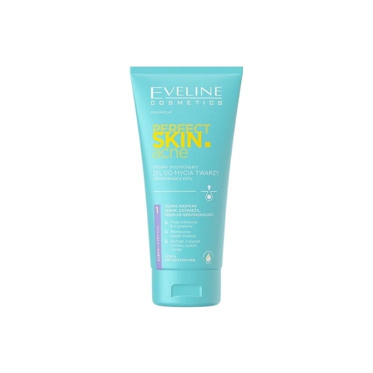 Gel nettoyant visage Eveline Perfect Skin Acne, purifiant en profondeur et désincrustant les pores, 150 ml